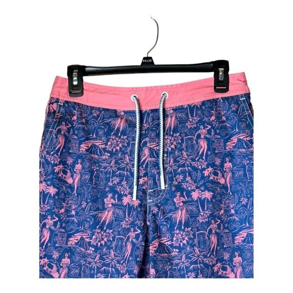 Johnnie O Swim Trunks Men Small‎ Blue Pink Honolulu Hawaii Tropical Surf Shorts - Picture 4 of 11